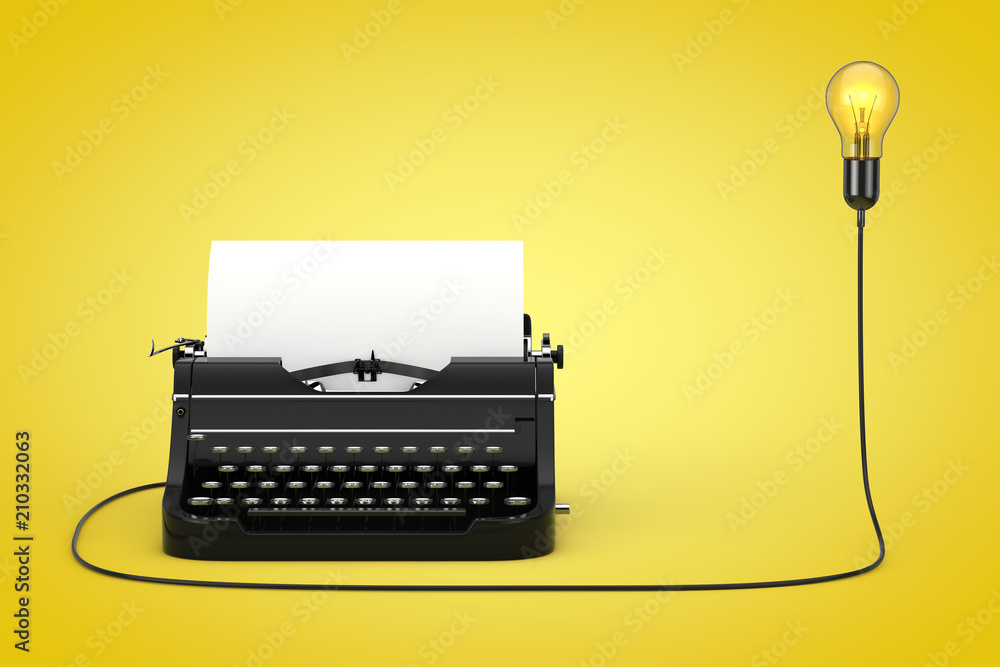 Aufkleber old vintage retro typewriter connected to creative idea light bulb. 3d rendering