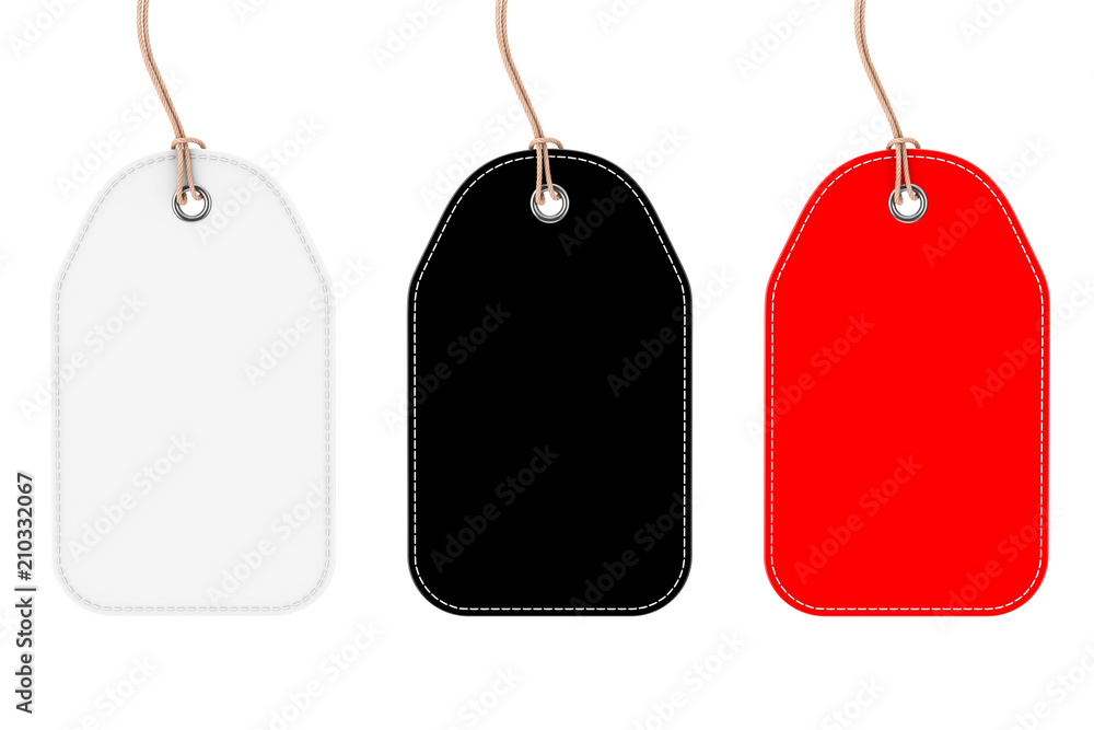 Poster black, white and red blank mockup tags with strings. 3d rendering