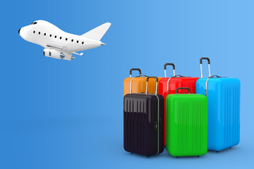 Air Travel Concept. Large Multicolour Polycarbonate Suitcases with Cartoon Toy Jet Airplane. 3d Rendering