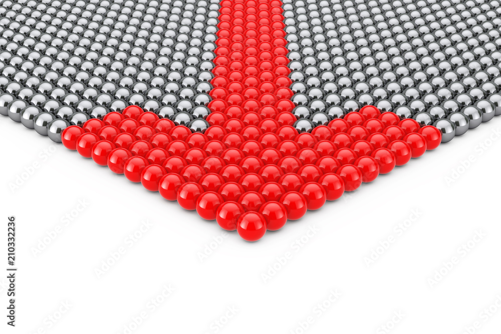 Poster leadership concept. rows of chrome spheres with red arrow spheres. 3d rendering