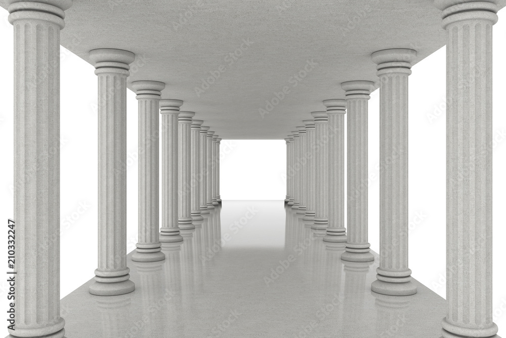 Poster Long Corridor Tunnel Between Classic Columns. 3d Rendering