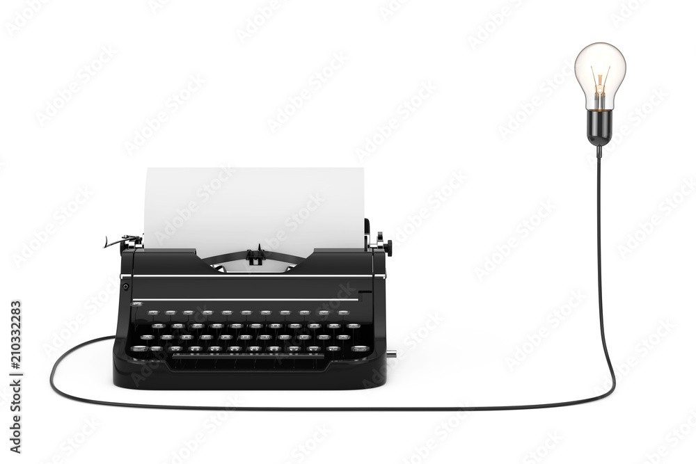 Aufkleber old vintage retro typewriter connected to creative idea light bulb. 3d rendering