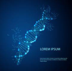 DNA molecule is made up of randomly moving particles. Dotted wave of quicksand in motion. Abstract vector illustration Concept science background. Destroyed structure. Nano technology. Low poly vector