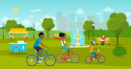 Vector summertime flat style  illustration. People in the park