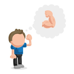 Vector hand-drawn cartoon of man standing dreaming of being muscular