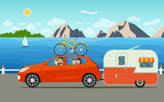 Funny  family driving in car and trailers caravan on weekend holiday. Summer sea landscape.Vector flat style illustration
