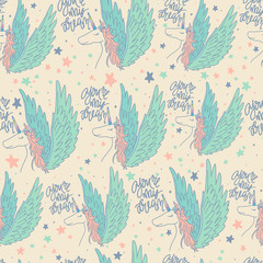Cute hand drawn unicorn seamless vector pattern with inscription: You are my Dream.