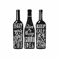 Fototapeta na wymiar Typography set of wine bottle silhouette with lettering. Vector handwriting illustration designed for advertising bar or pub menu, prints, poster, banner and labels creations. Black and white.