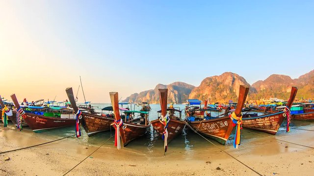 4K Timelapse of traditional long tailed boats at Phi Phi island in Thailand