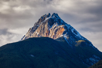 The Rocky Mountains in British Columbia, Canada on an overcast autumn day