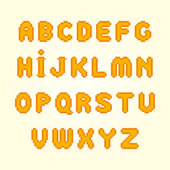 Orange pixel font. Vector game alphabet set