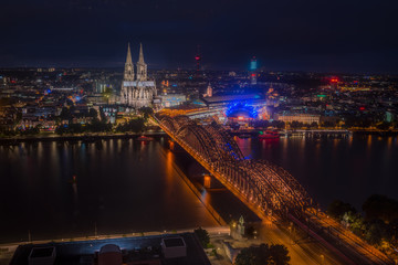 Night View on the City of Cologne, Germany from above - historic city center with Cologne Dome Cathedral,
