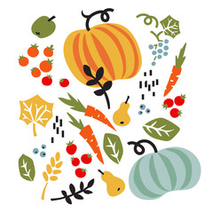 Fototapeta premium Vector illustration with vegetables, fruits and leaves. Organic healthy food.