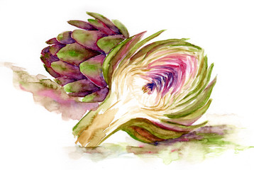 watercolor painting of vegetables. artichokes in whole and in a cut © Toshka