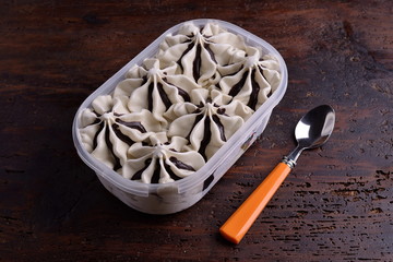 Pistachio ice cream poached gianduia in the pan 