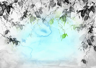Watercolor blue, green,black and white background, blot, blob, splash of blue, green paint on white background. Watercolor blue, green  spot, abstraction. Abstract art illustration.Ecological poster