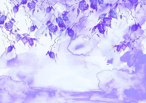 Watercolor blue, green background, blot, blob, splash of purple, white paint on white background. Watercolor blue,  sky, spot, abstraction. Abstract art illustration, scenic background