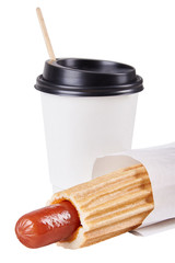 French hot dog in grilled bun served with ketchup and mustard and paper cup of coffee espresso isolated on white background. Coffee to go. Fast food. Vertical