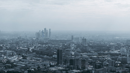 Silver hazy megalopolis cityscape with the group of business skyscrapers in the distance, multiple office and residential houses, highways, parks. Misty, almost invisible horizon