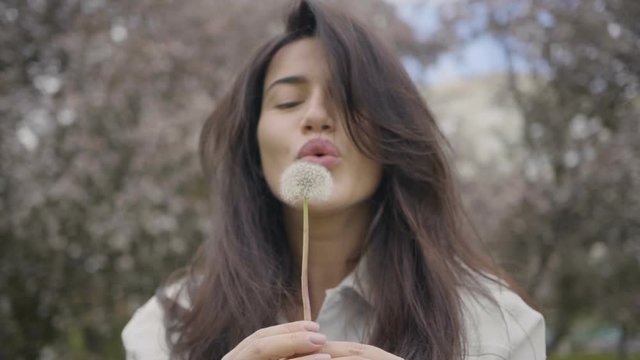 Girl is blowing the dandelion