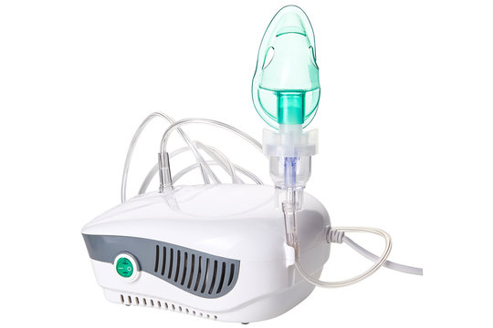 Medical equipment for inhalation with respiratory mask,  nebulizer isolated on white background. Respiratory medicine. Asthma breathing treatment. Bronchitis, asthmatic health equipment