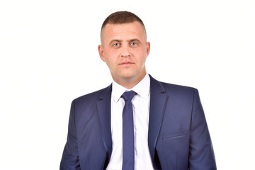 Man in suit on white background. Confident businessman. Office worker.