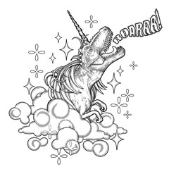 Graphic tyrannosaurus with unicorn horn and mane.