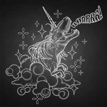 Graphic tyrannosaurus with unicorn horn and mane.