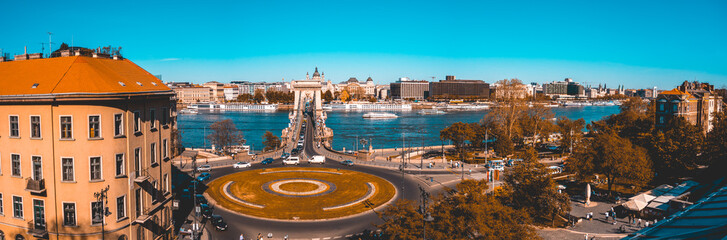 panorama of roundabout traffic overview and chain bridge at budapest