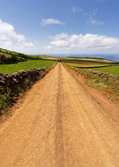 Fototapeta na wymiar A dead-straight track leads through a hilly landscape to the sea, on the edge of natural stone walls, great depth, sky with some clouds - Location: Azores, Sao Jorge Island