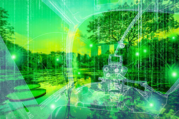 Digital helicopter cockpit interior flying on virtual skyline with matrix sky in green color and digital trees of a computer-generated grove. Concept of digital travel and virtual reality.