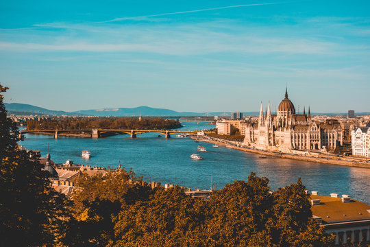 danube river at budapest with margarete bridge and parliament of hungary
