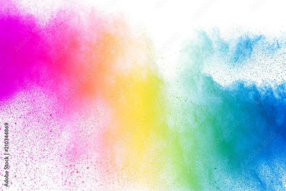 Poster abstract multi color powder explosion on white background. freeze motion of dust particles splashing