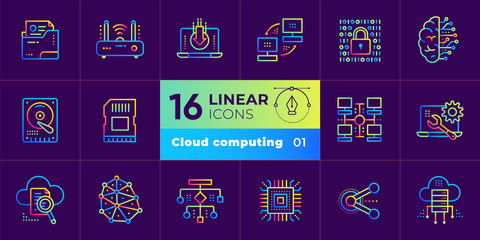 Gradient outline icons set of cloud computing, internet technology, data secure. Suitable for presentation, mobile apps, website, interfaces and print