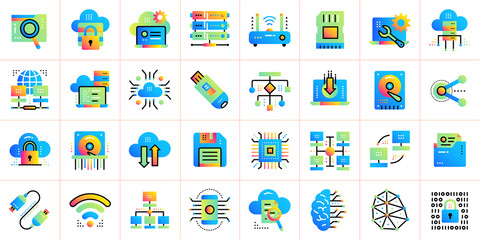 Gradient flat icons set of cloud computing and internet technology. Suitable for presentation, mobile apps, website, interfaces and print