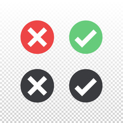 Vector set of red green black circle icon check mark icon isolated on transparent background. Approve and cancel symbol for design project. Flat button yes and no. Good and bad
