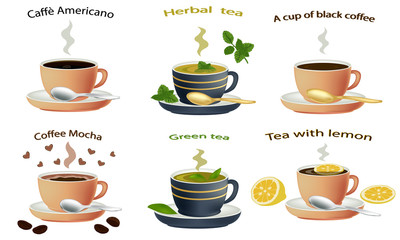 Set of hot drinks. Coffee latte, mocha and cappuccino in cups, isolated on white background. Hot chocolate and black tea in mug. Vector illustration of green tea and herbal tea.