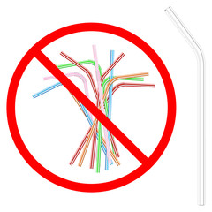 refusal of disposable plastic drinking straw in favor of reusable glass drinking straw, stop sign on white background, ban plastic drinking straw, stock vector illustration