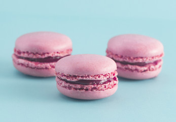Pink French Macarons on a Blue Background