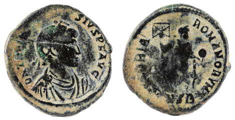 Ancient Roman copper coin of Emperor Theodosius.