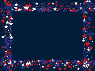 Patriotic 4th of July, Independence Day of America Stars Confetti. Flying Stars Texture, US Blue, Red, White Confetti Banner. USA Independence Day, 4th of July, National Symbols Banner Background.