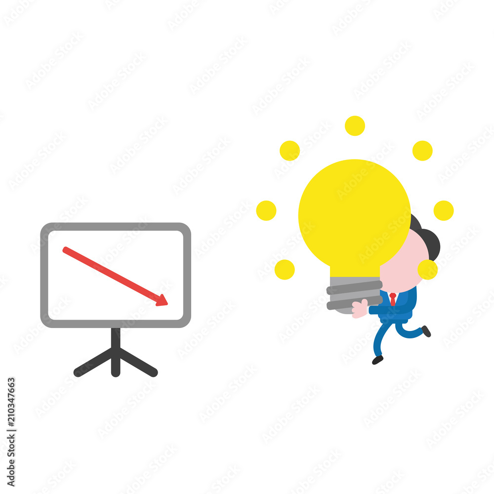 Poster vector businessman character running and carrying glowing light bulb idea to sales chart moving down
