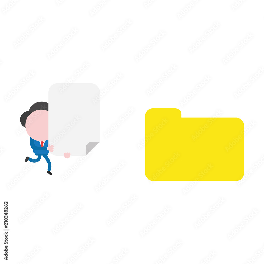 Aufkleber vector businessman character running and carrying blank paper to closed file folder