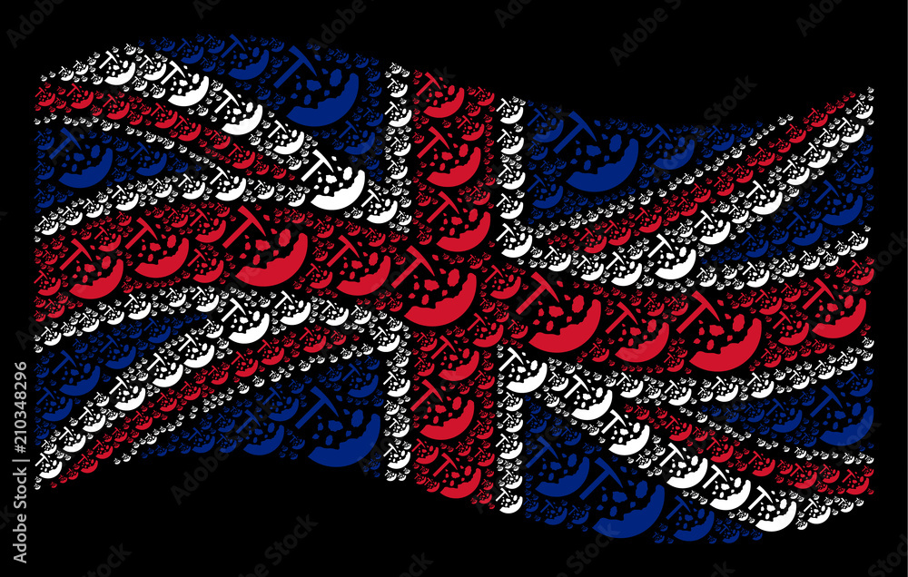 Poster waving english flag on a black background. raster rocks mining design elements are scattered into ge