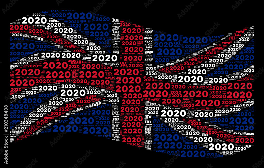 Poster waving united kingdom state flag on a black background. raster 2020 year text items are formed into 