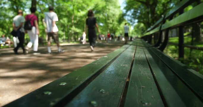 A slow left-to-right dolly establishing shot of the iconic green benches of Central Park with unidentifiable tourists walk on The Mall in the background. Shallow depth of field.  	