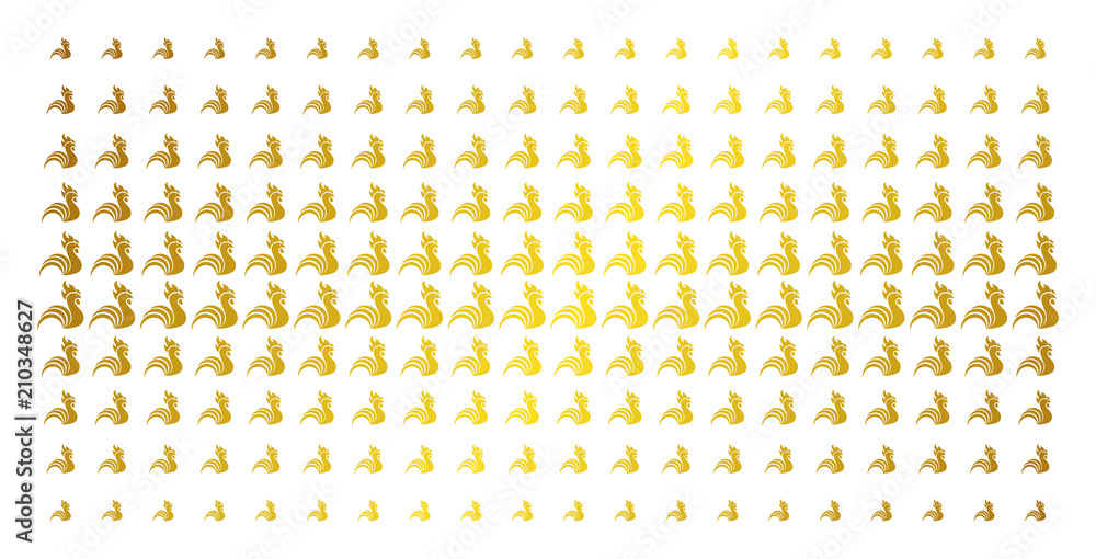 Poster rooster icon golden halftone pattern. vector rooster shapes are organized into halftone grid with in