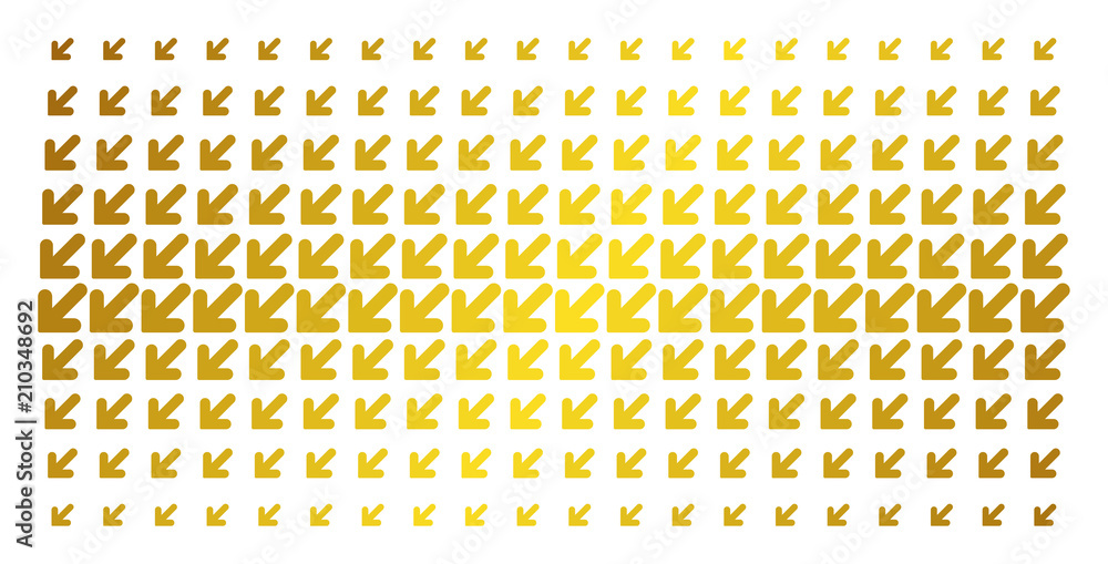 Poster arrow down left icon gold halftone pattern. vector arrow down left shapes are arranged into halftone