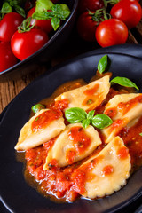 rustic Delicious Pasta - Ravioli in tomato sauce with basil