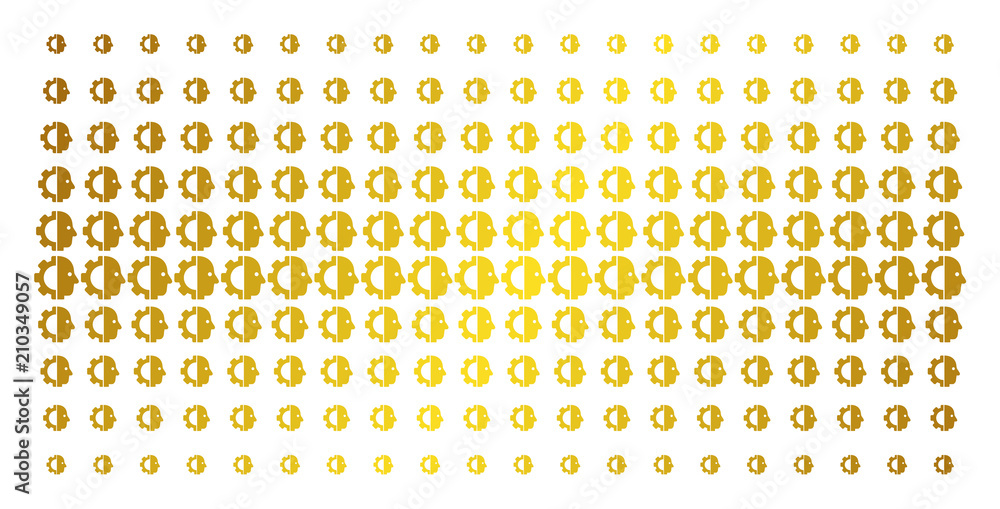 Aufkleber cyborg head icon gold halftone pattern. vector cyborg head symbols are organized into halftone array